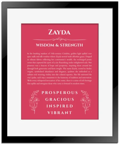 Zayda custom name art showing meaning and origin in red with black matte frame