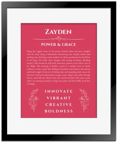 Zayden personalized name meaning print in red with black matte frame