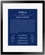 Zayla personalized name art with origin story in deep blue with black matte frame