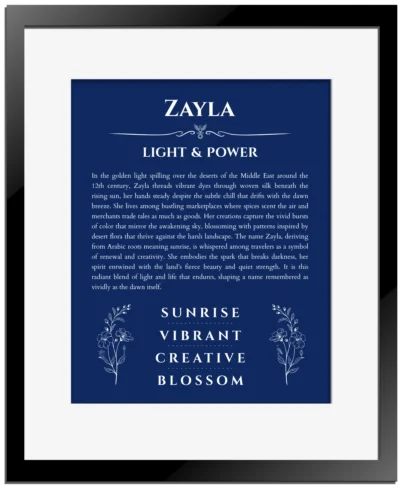 Zayla personalized name art with origin story in deep blue with black matte frame