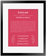 Zaylah personalized name print with origin and traits in red with black matte frame