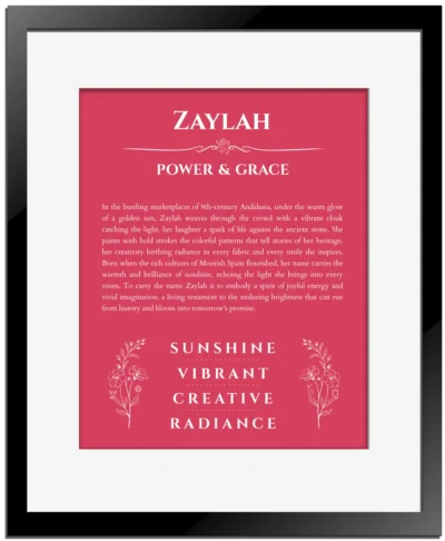 Zaylah personalized name print with origin and traits in red with black matte frame