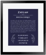 Zaylan custom name print for wall display in navy blue with black matte frame