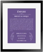 Zaylee custom name meaning print in purple with black matte frame