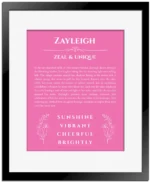 Zayleigh name meaning wall art by Get Your Story in pink with black matte frame