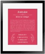 Zaylen personalized wall art with the story of your name in red with black matte frame