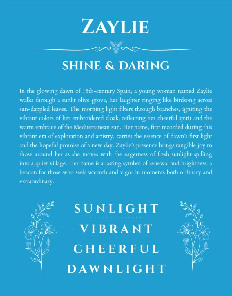 Zaylie personalized name art with origin story in blue