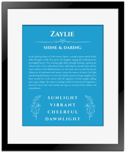 Zaylie personalized name art with origin story in blue with black matte frame