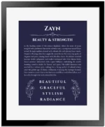 Zayn name meaning gift print in navy blue with black matte frame