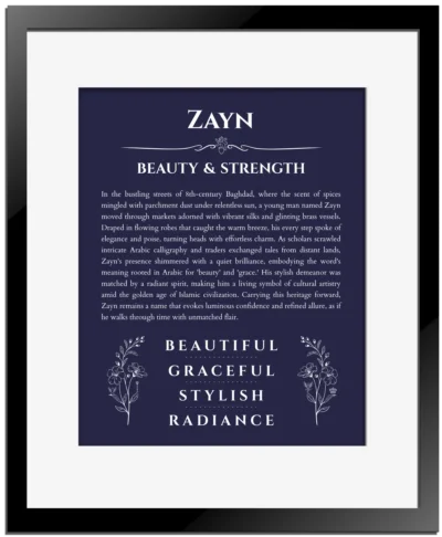 Zayn name meaning gift print in navy blue with black matte frame