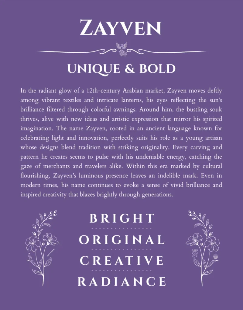 Zayven name origin print with meaning and traits in purple