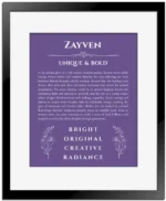 Zayven name origin print with meaning and traits in purple with black matte frame