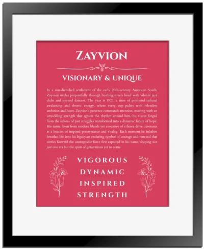 Zayvion custom name print for wall display in red with black matte frame