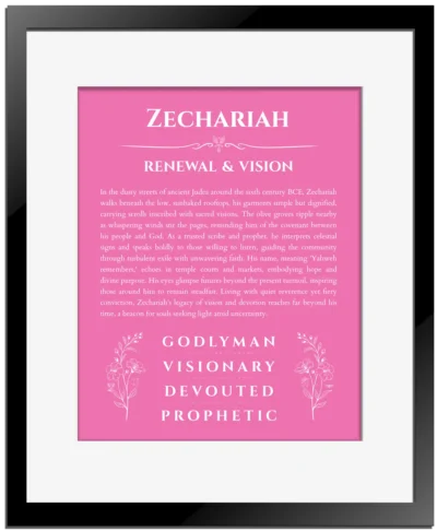 Zechariah custom name art showing meaning and origin in pink with black matte frame