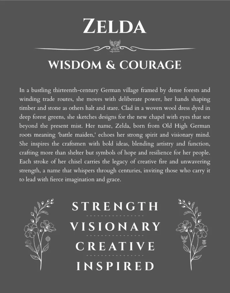 Zelda personalized name art with origin story in gray