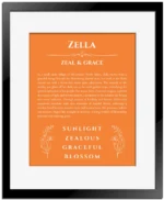 Zella name meaning gift print in orange with black matte frame