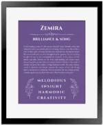 Zemira personalized name meaning print in purple with black matte frame