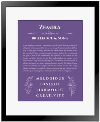Zemira personalized name meaning print in purple with black matte frame