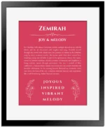 Zemirah personalized wall art with the story of your name in red with black matte frame