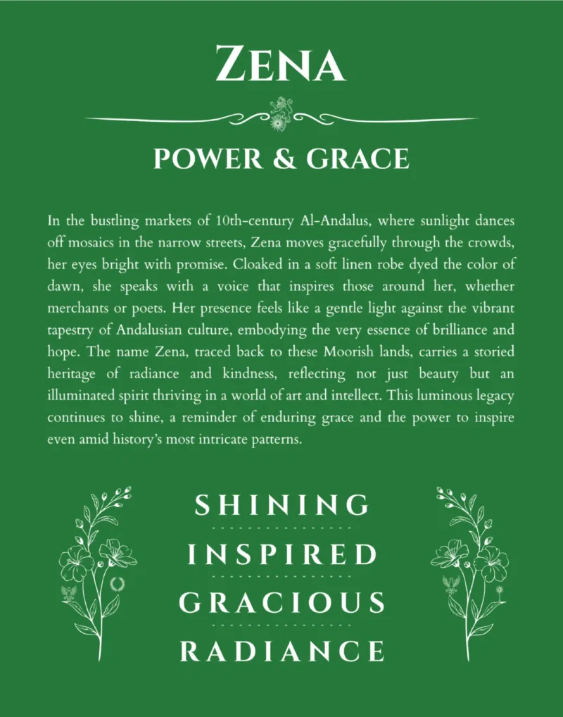 Zena name origin print with meaning and traits in dark green