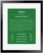 Zena name origin print with meaning and traits in dark green with black matte frame