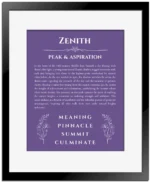 Zenith custom name art showing meaning and origin in purple with black matte frame
