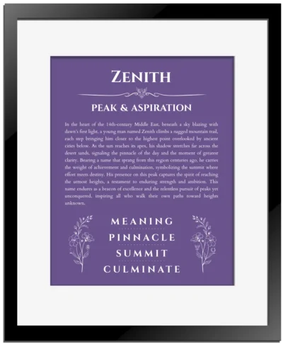 Zenith custom name art showing meaning and origin in purple with black matte frame