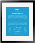 Zeno name origin print with meaning and traits in blue with black matte frame