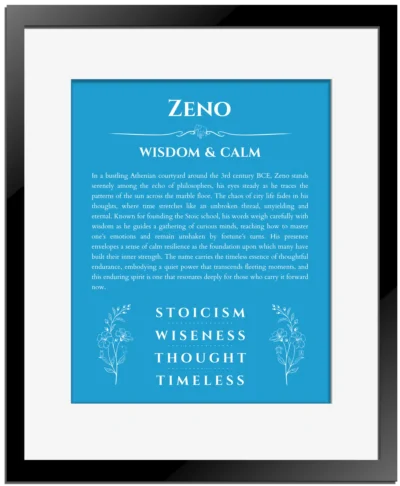 Zeno name origin print with meaning and traits in blue with black matte frame