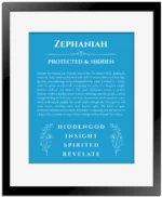 Zephaniah personalized wall art with the story of your name in blue with black matte frame
