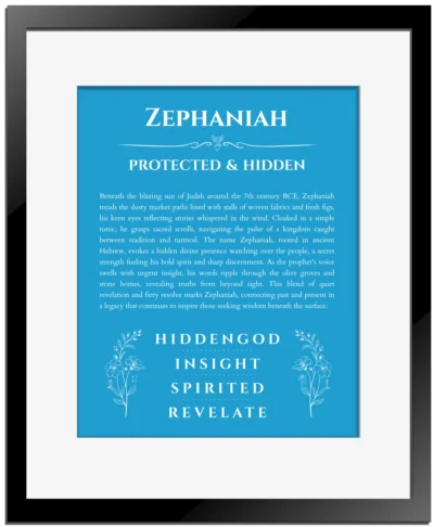 Zephaniah personalized wall art with the story of your name in blue with black matte frame