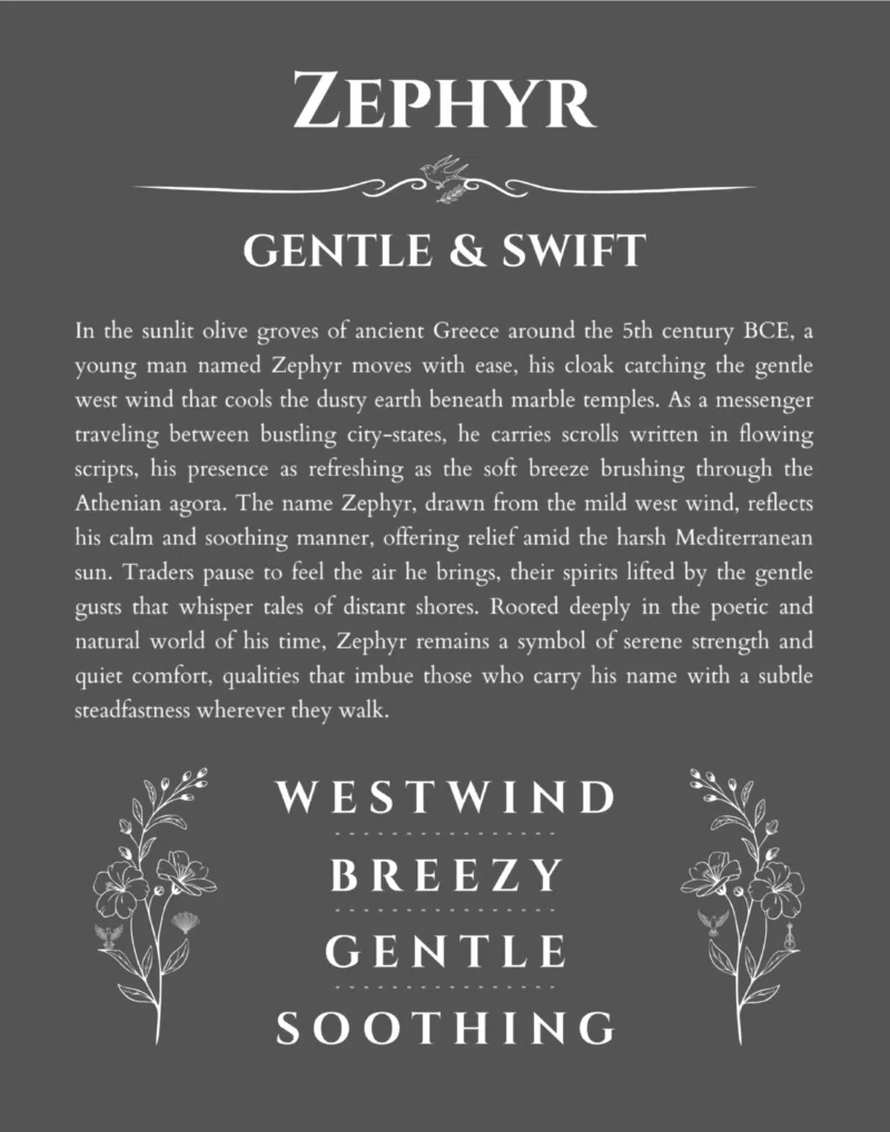 Zephyr name origin print with meaning and traits in gray