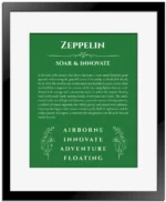 Zeppelin custom name art showing meaning and origin in dark green with black matte frame