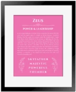 Zeus name meaning wall art by Get Your Story in pink with black matte frame