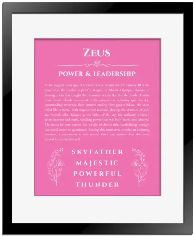 Zeus name meaning wall art by Get Your Story in pink with black matte frame