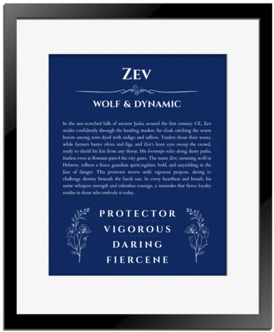 Zev custom name print for wall display in deep blue with black matte frame