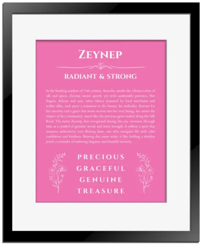 Zeynep custom name print for wall display in pink with black matte frame