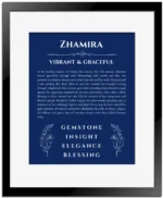 Zhamira personalized wall art with the story of your name in deep blue with black matte frame