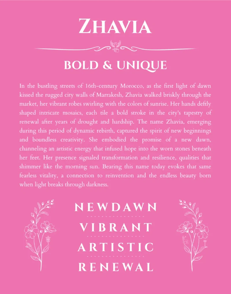 Zhavia custom name art showing meaning and origin in pink