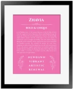 Zhavia custom name art showing meaning and origin in pink with black matte frame