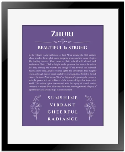 Zhuri personalized name meaning print in purple with black matte frame