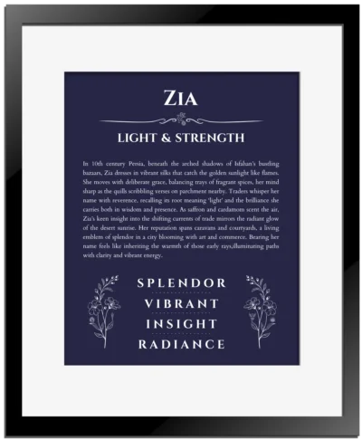 Zia custom name meaning print in navy blue with black matte frame