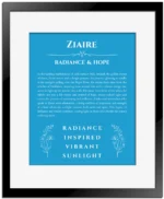 Ziaire personalized name print with origin and traits in blue with black matte frame