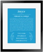 Ziggy personalized name meaning print in blue with black matte frame