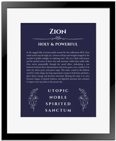 Zion name meaning wall art by Get Your Story in navy blue with black matte frame