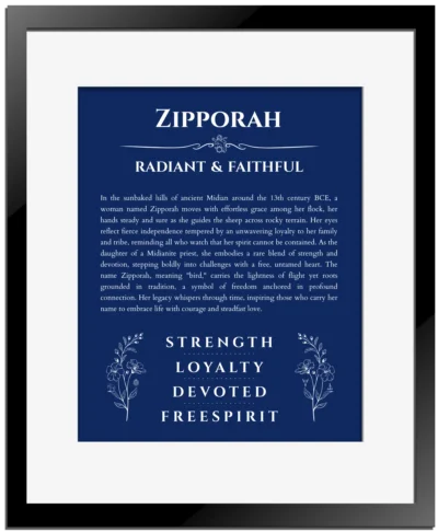 Zipporah name meaning gift print in deep blue with black matte frame