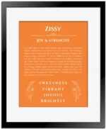 Zissy personalized wall art with the story of your name in orange with black matte frame