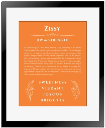 Zissy personalized wall art with the story of your name in orange with black matte frame