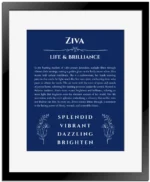Ziva personalized name meaning print in deep blue with black matte frame