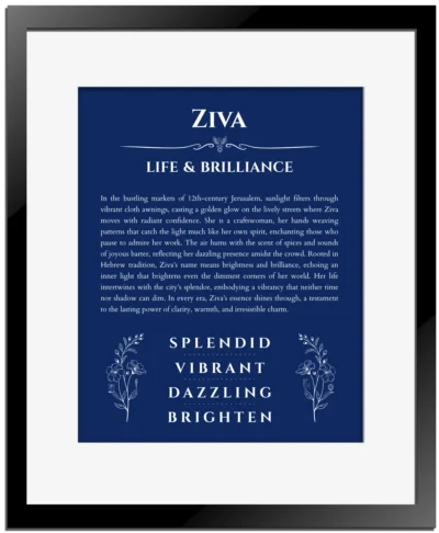 Ziva personalized name meaning print in deep blue with black matte frame
